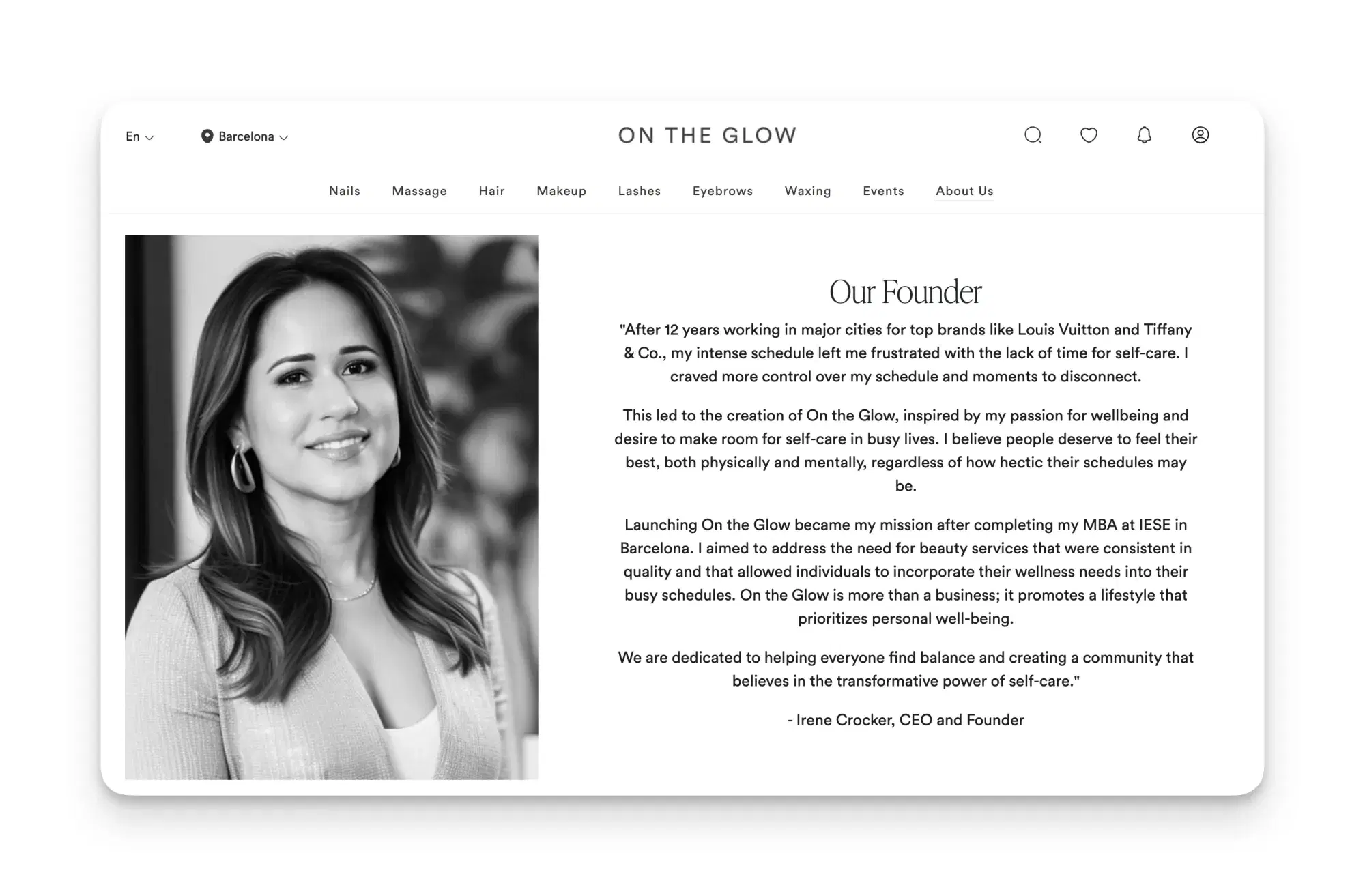 On the Glow's founder Irene Crocker uses AI headshots on their company landing page